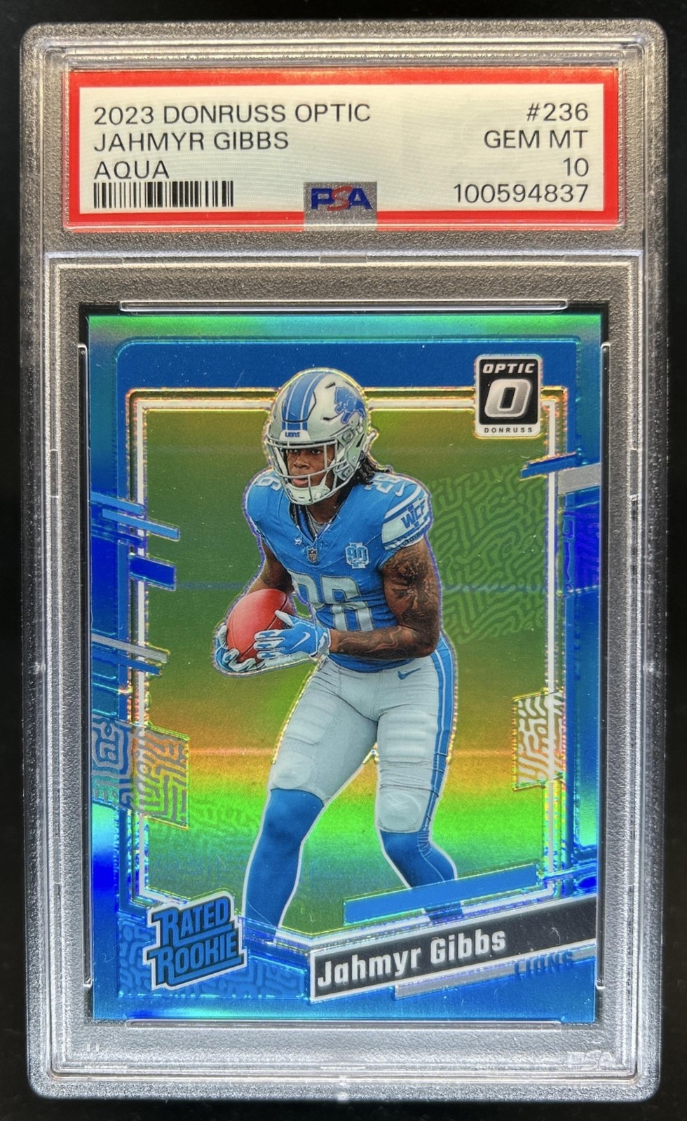 2023 Panini Donruss Optic Jahmyr Gibbs Aqua Prizm RC Rated Rookie #/299 PSA 10