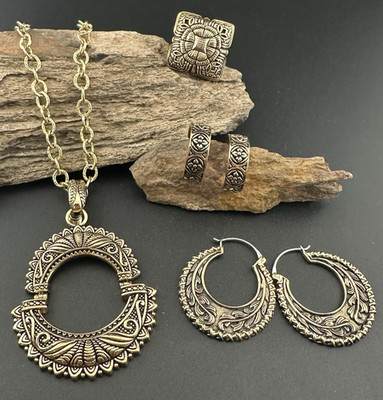 BARSE Brass Necklace, 2 Earrings and Ring Set