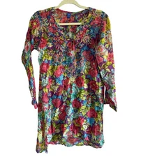 Raj Floral Embroidered Tunic Top Long Sleeve V-Neck Colorful L Coverup Resort