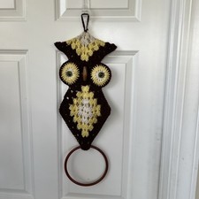 Retro 70s 80s Crochet Unique Green Eyes Owl Wall Hanging Towel Hanger 23" Tall