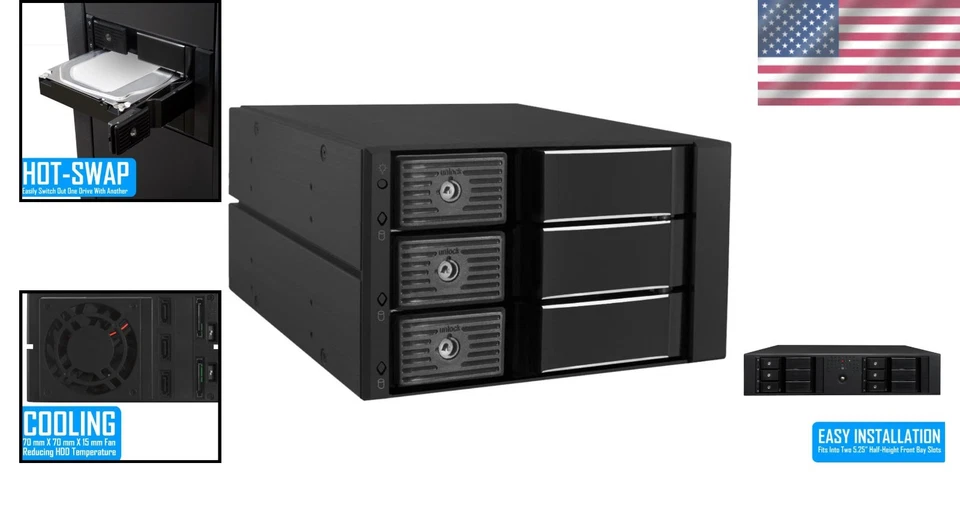 Internal HDD SSD Enclosure, 3 Bay Hot Swap, Aluminum - Image 2 of 4