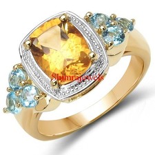 Natural Citrine  Blue Topaz With 18k Gold Plated Silver Women's Ring 60