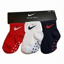 NIKE Toddler 3 Pack Ankle Non-Slip Grippy Socks Red White Blue Fit 2-4 Years Old