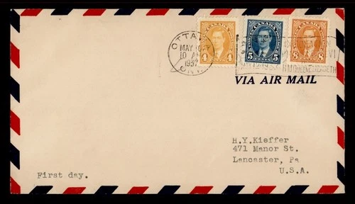 DR WHO 1937 CANADA FDC KGVI CORONATION COMBO OTTAWA ONT FLAG CANCEL R29256