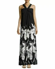 HALSTON Heritage Black Maxi Dress Floral Halter Long Black Ivory