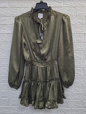New Misa Los Angeles Lorena Mini Tiered Long Sleeve Satin Olive Green Dress Sz S