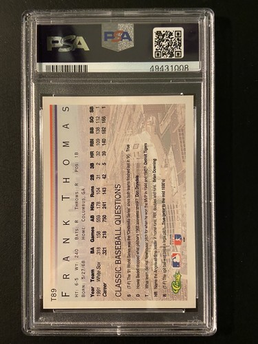 1992 Classic Series 1 Frank Thomas T89 PSA 9 Mint White Sox Blue Jays HOF POP 4 - Picture 2 of 2