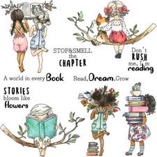 Reading Girls Stop & Smell the Chapter Stories Bloom Like Flowers Clear Stamps