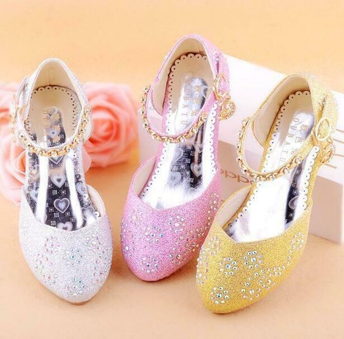 New Fashion Kids Girls Rhinestones Ankle Strap High Heels Princess Dance Shoes - Afbeelding 1 van 15