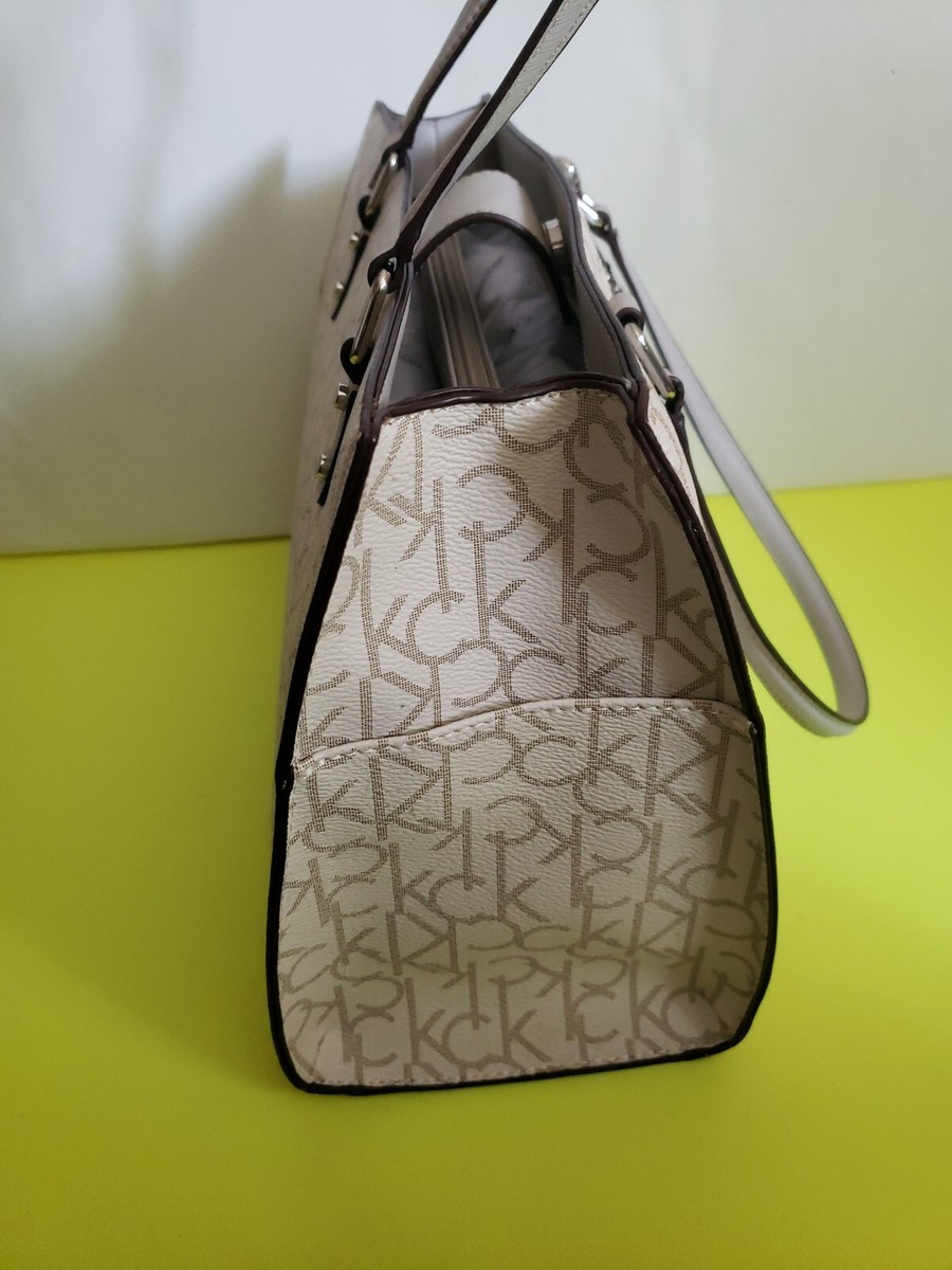 CALVIN KLEIN Monogram CK Signature Faw/Fawn Satchel Hand-Bag