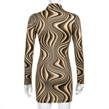 Women Wave Print Shirt Dress Striped Bodycon Mini Long Sleeve Button Casual