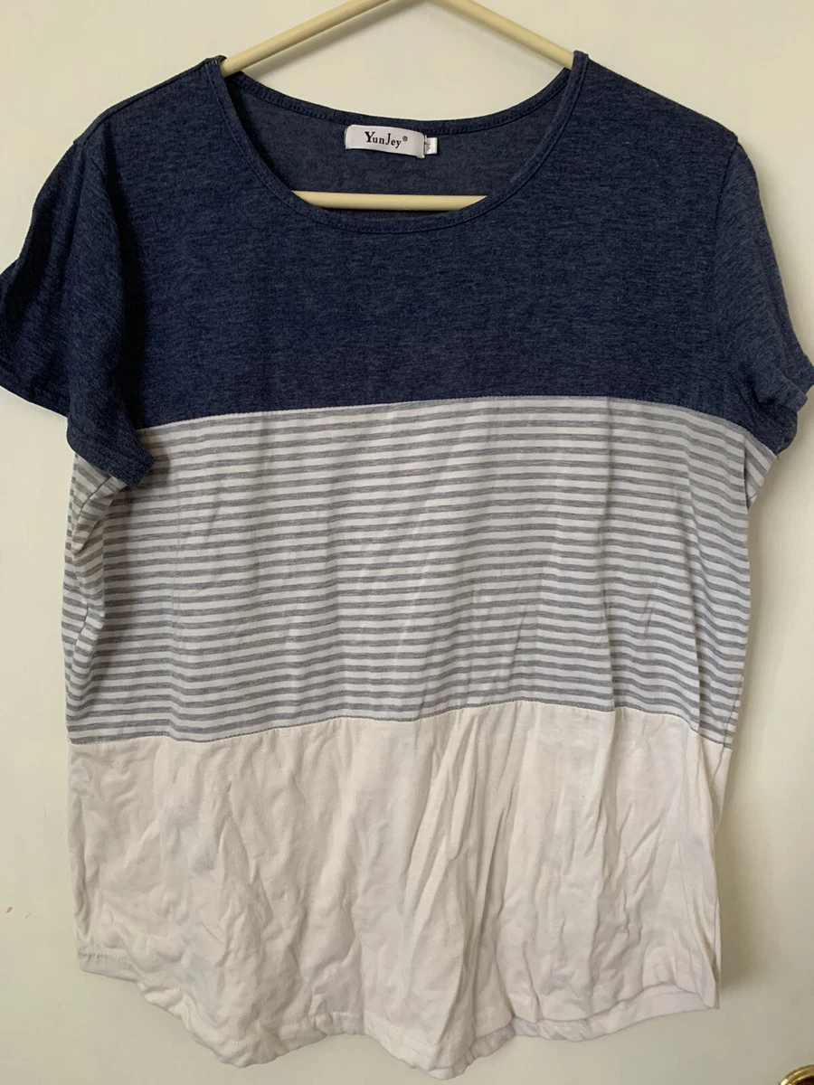 YUN JEY 3 Tier Shirt Blue Grey Striped White Size XL Short Sleeve