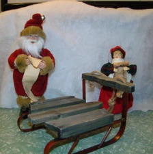 Traditional Santa Claus 10" Figure, Wooden Sleigh, 7" Caroler Ornament Holiday