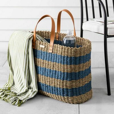 Hearth Hand Magnolia Tote Bag Seagrass Straw Blue Stripe Picnic