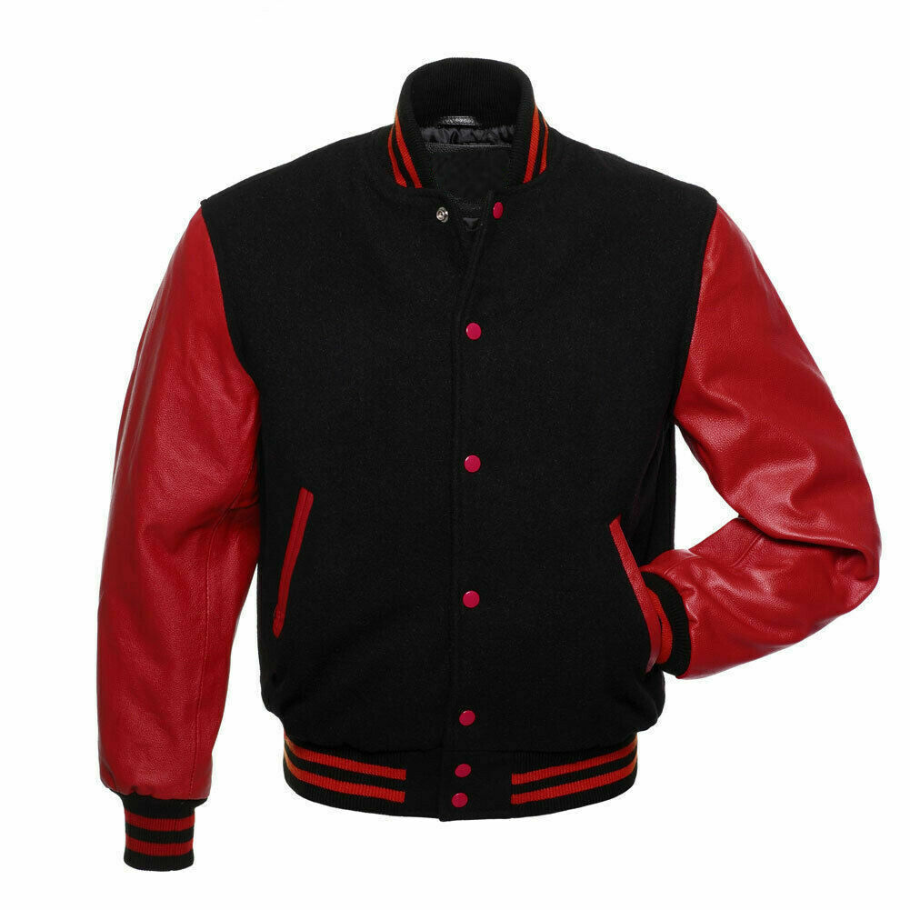Top Quality Varsity Letterman Baseball Bomber Jacket Black Wool & Red Leather