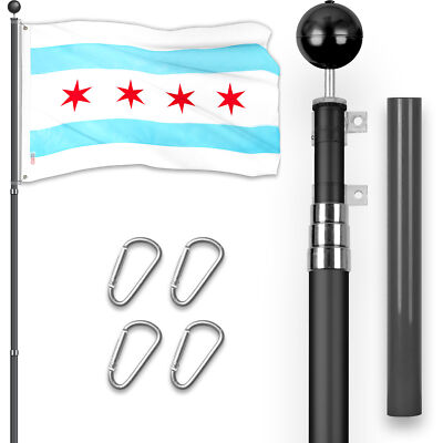Combo: 16Ft Telescoping Flagpole Black & Chicago City Flag 3x5 Ft Emb 300D Poly