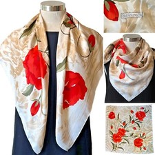 SUNKYUNG SA Ivory/Red/Stone Floral Silk Twill SCARF 88x88cm Overlock Hems