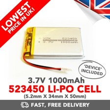 3.7V 1000mAh Li-Po Battery (523450 / 543450) Rechargeable + Device