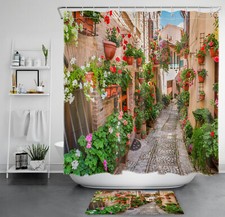 Vintage Street Red Floral Nature Scenery Shower Curtain Bathroom Accessories Set