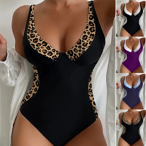 Damen Gepolstert Farbblock Einteiliger Bademode Badeanzug Swimsuit - Bild 2 von 13