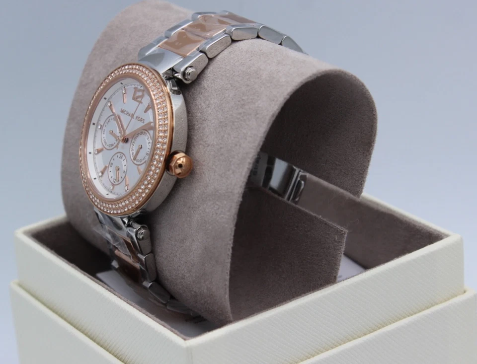 RELOJ PARA MUJER NUEVO AUTÉNTICO MICHAEL KORS PARKER CHRONO PLATA ORO ROSA MK6301 Foto 4 de 4