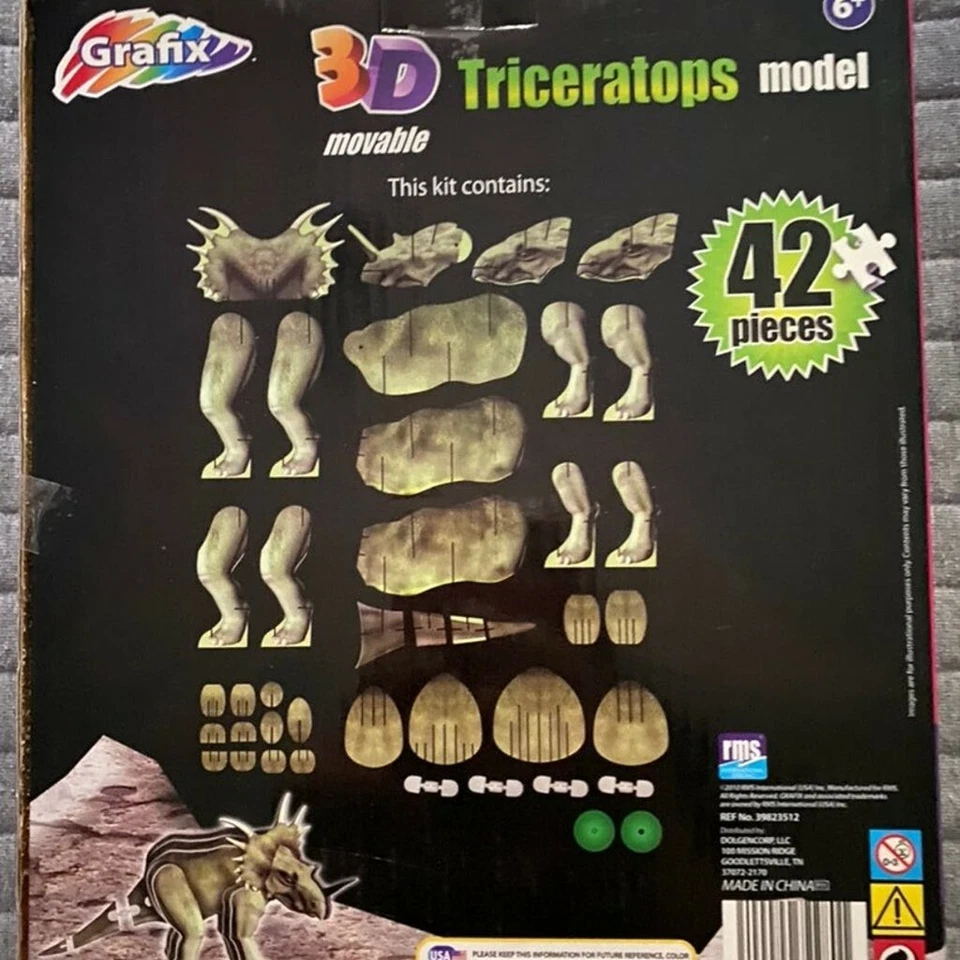 Nuevo Triceratops Móvil Grafix 3D Modelo 42 Piezas 7.5" Altura Foto 2 de 2