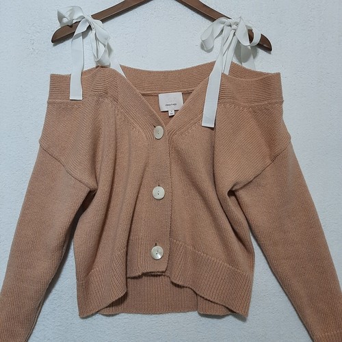Cinq a Sept Sweater S Dash Ribbon Tie Wool Warm Beige Cardigan Off Shoulder - Picture 13 of 14