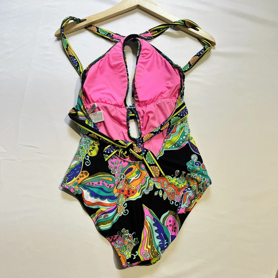 Traje de baño Trina Turk Sea Garden estampado negro de una pieza 4 caídas halter corbata trasera Foto 2 de 4