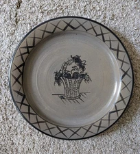 Rowe Pottery dinner plate vitrified stoneware basket floral salt glaze primitive
