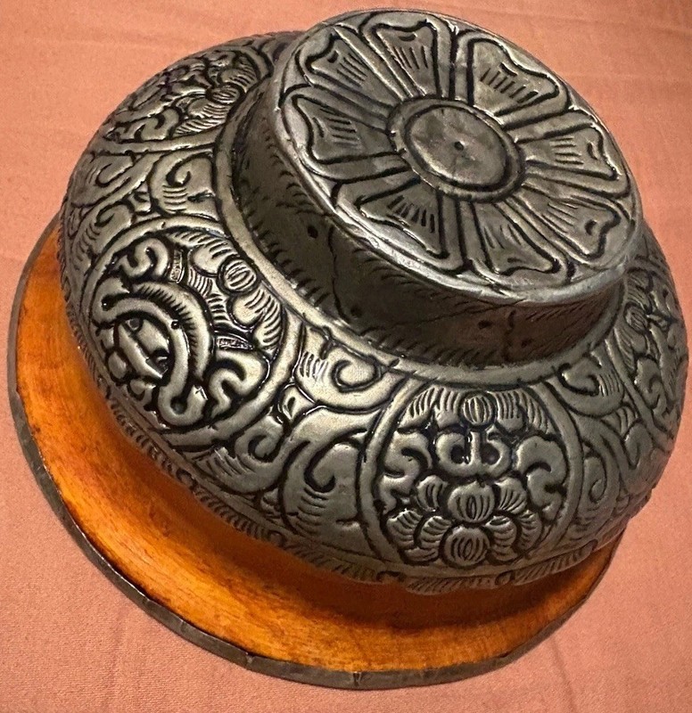Tibetan Ritual Bowl Wood and Silver Vintage