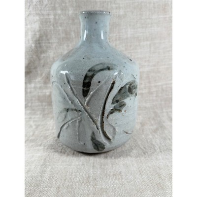 Vintage Studio Pottery Vase Hand Painted Leaf Design Blue Gray Ceramic Bud Vase