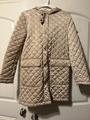 ZARA BASIC Quilted Hooded Long Coat with Pockets Snap Closure Beige Women MEX 26