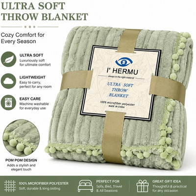 I' HERMU Throw Blanket Green Microfiber Polyester Pom Pom 50x60 Soft Lightweight