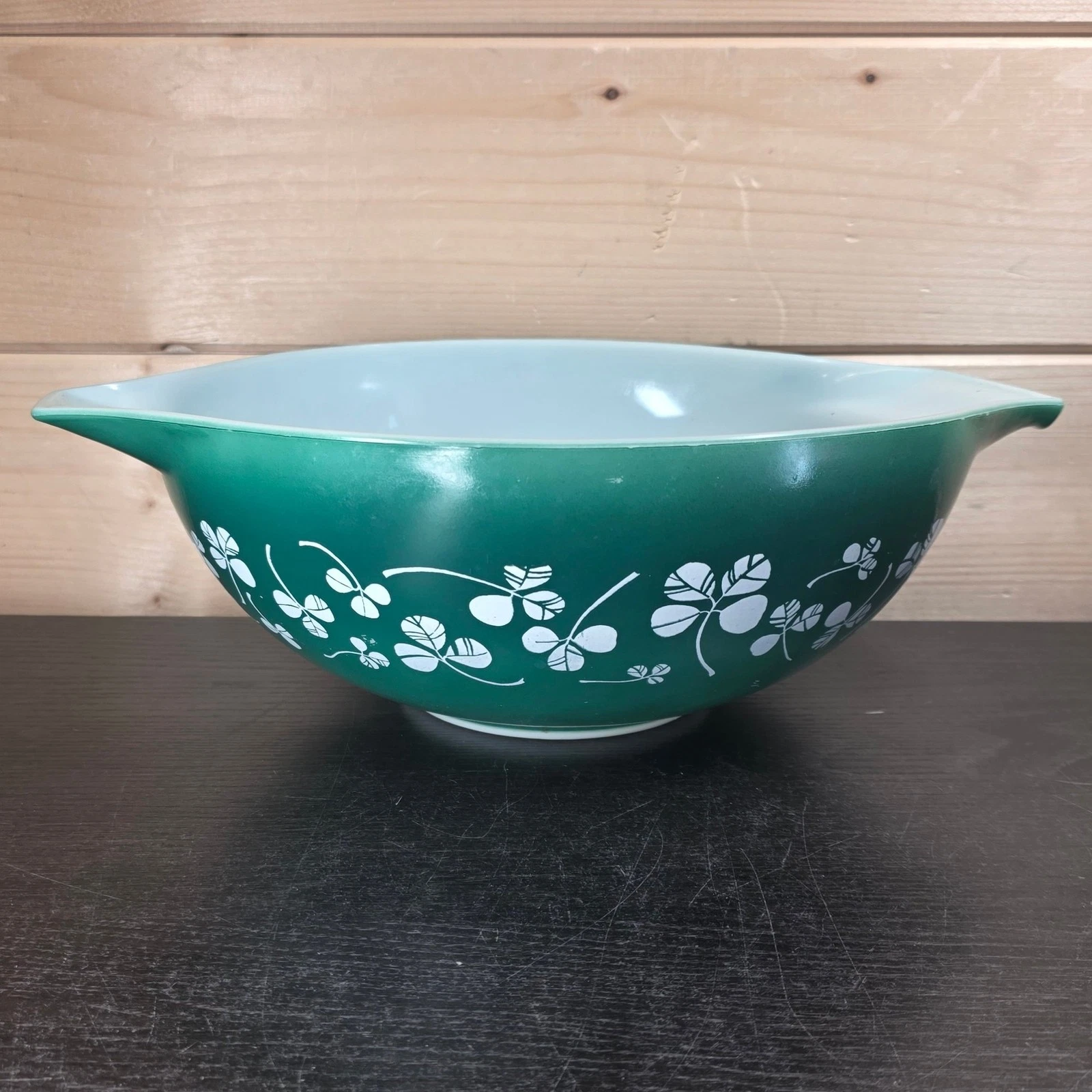 JAJ Pyrex Shamrock Clover Leaf Cinderella Mixing Bowl Green Pattern Vintage