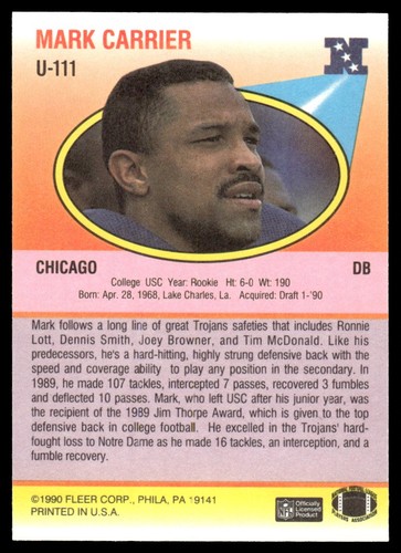 1990 Fleer Update Mark Carrier Rookie Chicago Bears #U-111 - Picture 2 of 2