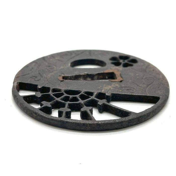 Japanese Tsuba Iron Sukashi Carving Inlay Samurai Edo Era Vintage