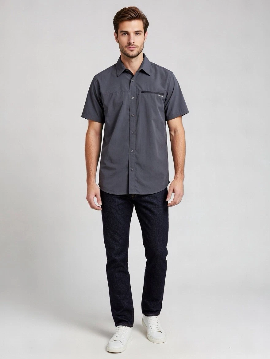 Columbia Omni-Shade Sun Protection Men Gray Short Sleeve Button Up Shirt Sz XL