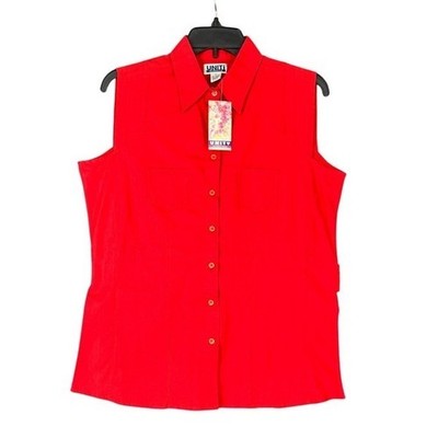 Uniti Casuals Sleeveless Button Down Shirt Red Cotton Tie Back Pockets M Womens