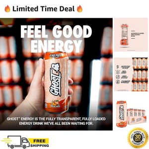 12-Pack GHOST Energy Peach Drinks - 16oz 200mg Caffeine Low-Calorie Formula