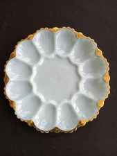 VINTAGE ANCHOR HOCKING DELPHITE BLUE DEVILLED EGG PLATE w GOLD TRIM