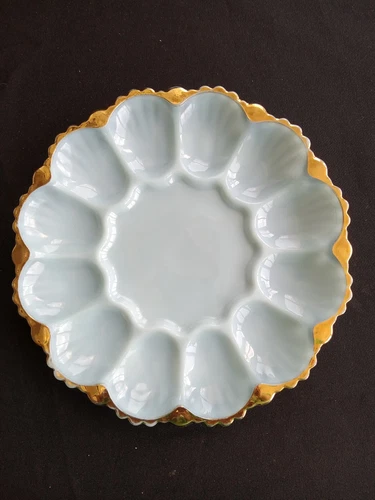 VINTAGE ANCHOR HOCKING DELPHITE BLUE DEVILLED EGG PLATE w GOLD TRIM