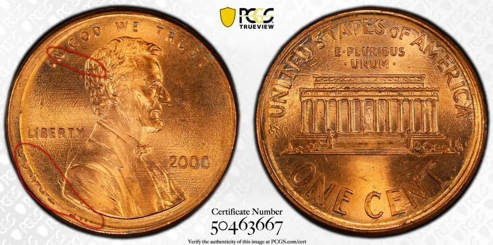 2000 P Rotated D/S in Collar Misaligned Observe Die Error Cent PCGS MS 65 RD - Image 2 of 4