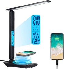 Image of LED Desk Lamp Wireless Charger USB Clock Dimmable Study Light Phone Holder