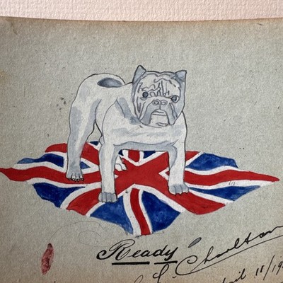 WW1 British Bulldog on Union Jack Watercolour Painting Dated 1918