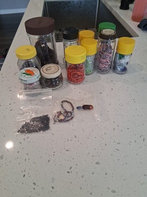 Lot of Beads In Jars Jewelry Making Supplies Crafts Crafting 11 Jars 2 Bags