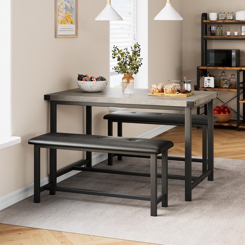 Dining Set for 4 Wood Top Table and 2 Upholstered Bench for Small Space Kitchen - Picture 11 of 39
