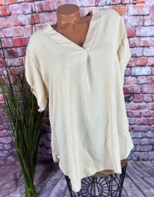 Luftiges sommer Crinkle Shirt long Bluse V-Neck leger Italy BEIGE 40 42 44