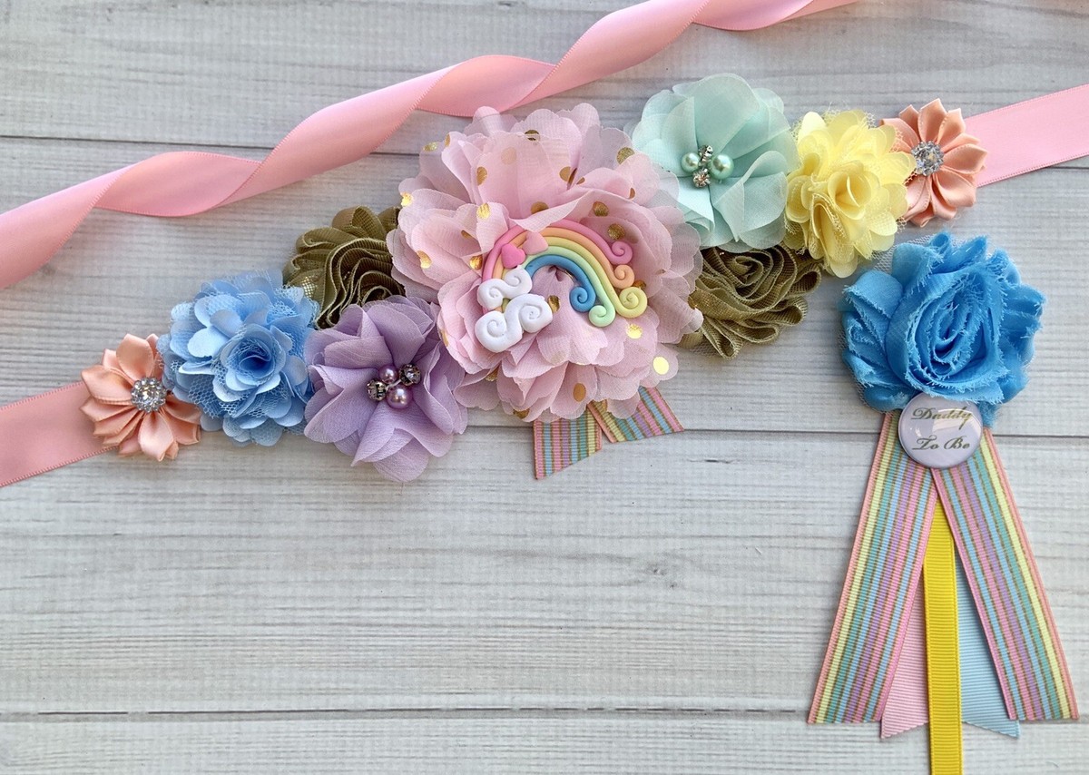 Rainbow Maternity Sash Belt & Daddy To Be Baby Shower Corsage Pin