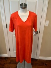 Eileen Fisher Orange Hemp Cotton V-Neck T-Shirt Dress, Size Medium