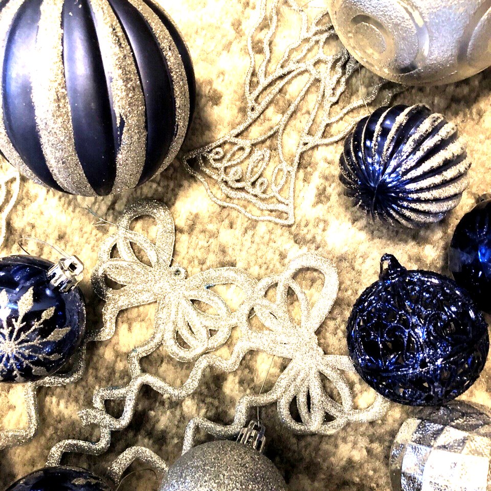 Lot Of Cobalt blue, Silver & White Christmas Tree Decor Orn And Ribbon